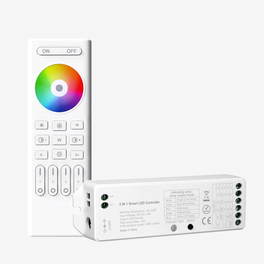 AURA | Kit Remoto + Controlador 5 en 1 RGB+WW RF | 5x6A 12/24v