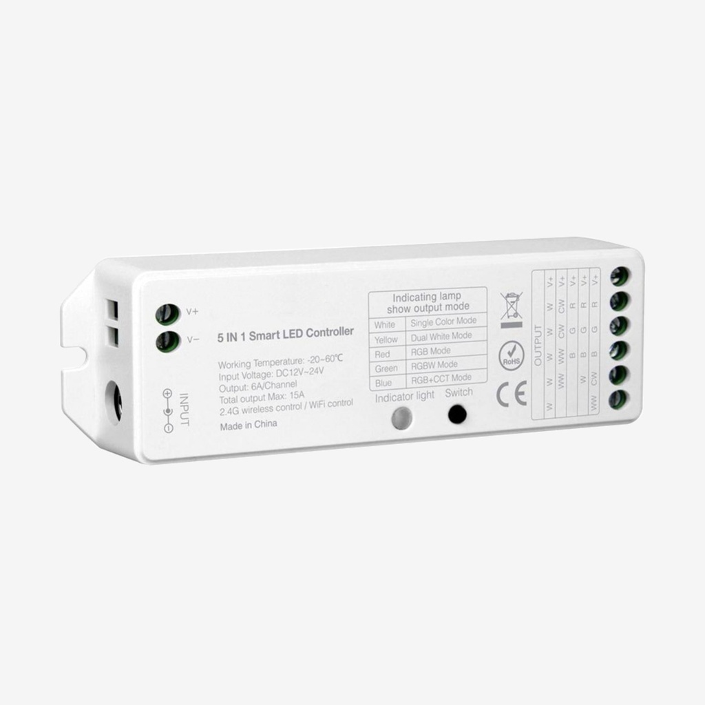 AURA ¦ Controlador 5 en 1 RGB+WW  WIFI (Alexa, Google, Tuya) | 5x6A 12/24v – Sin Remoto