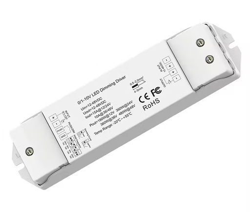 [SCO.071.120] CHROMA | Controlador Atenuador 0-10V→PWM para Tiras LED Bajo Voltaje 12-48V | 1x15A (Salida PWM) – Carcasa Plástica