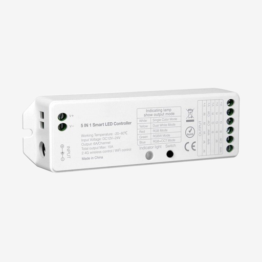 [SCO.051.512] AURA ¦ Controlador 5 en 1 RGB+WW  WIFI (Alexa, Google, Tuya) | 5x6A 12/24v – Sin Remoto